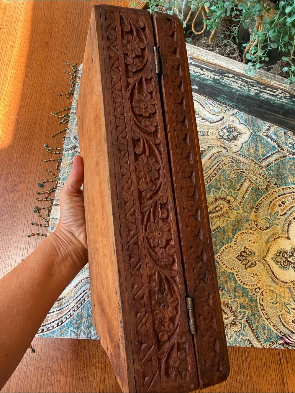 Carved Wood Jewelry Box Floral Inlay Large Keepsake Chest Vintage